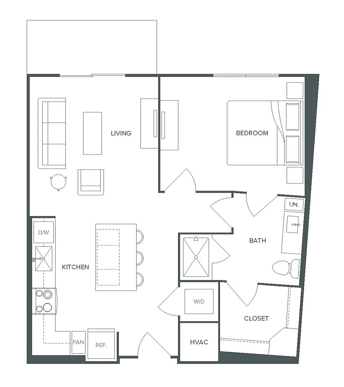 Chic 1 bed, 1 bath floor plan at Pearl Bee Cave offering 710 sq ft of modern living space with an open kitchen and living area.