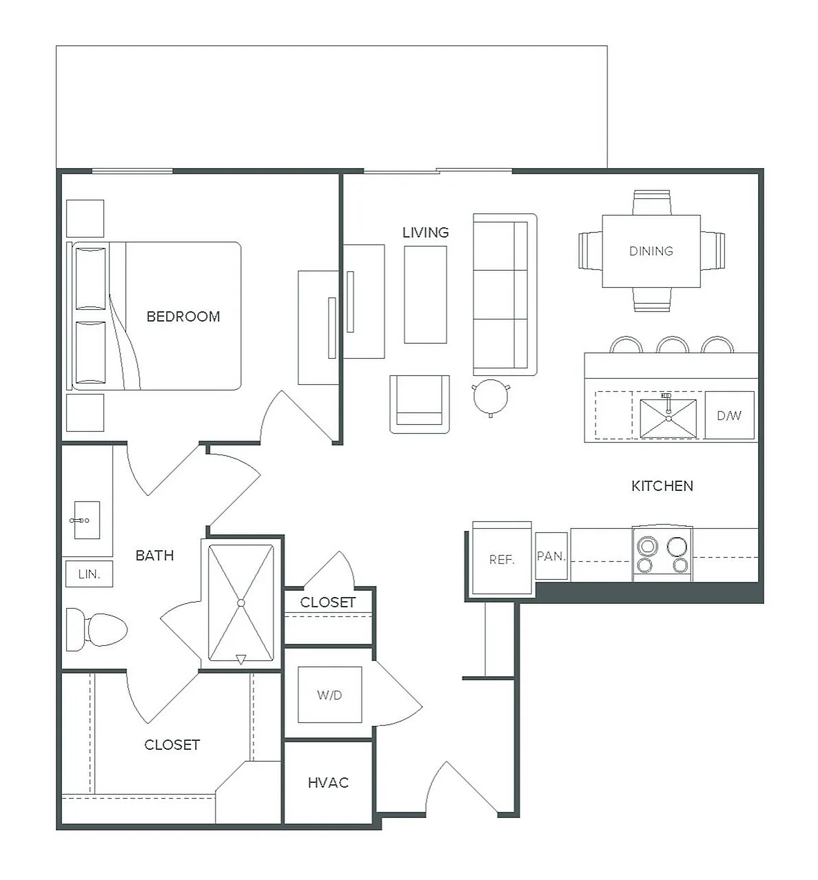 Modern A7 floor plan at Pearl Bee Cave featuring a spacious 1-bedroom, 1-bathroom layout, open-concept living and dining areas, and a contemporary kitchen with 709 sq ft.