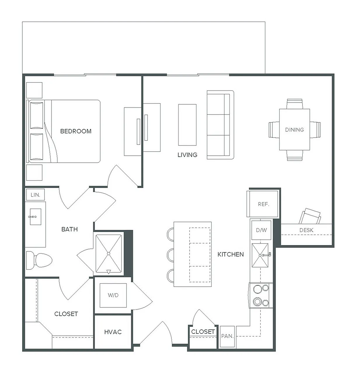Chic floor plan for Pearl Bee Cave\'s A8 model, featuring 1 bedroom, 1 bath, and an open-concept living area with kitchen and dining space, totaling 784 square feet.