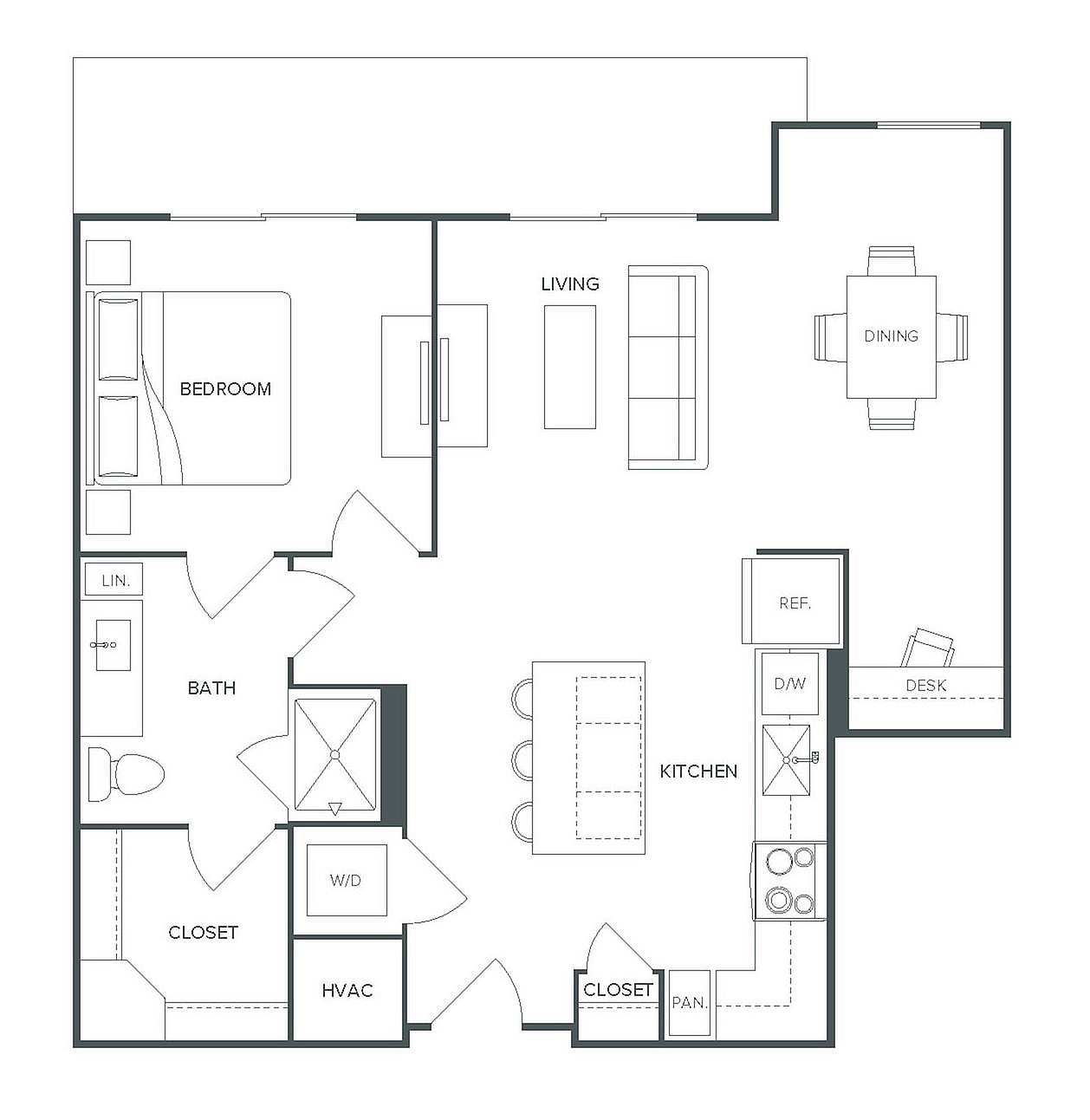 Pearl Bee Cave floor plan showcasing 1 bedroom, modern kitchen with island, and open living-dining area; 808 SF of elegant living space.