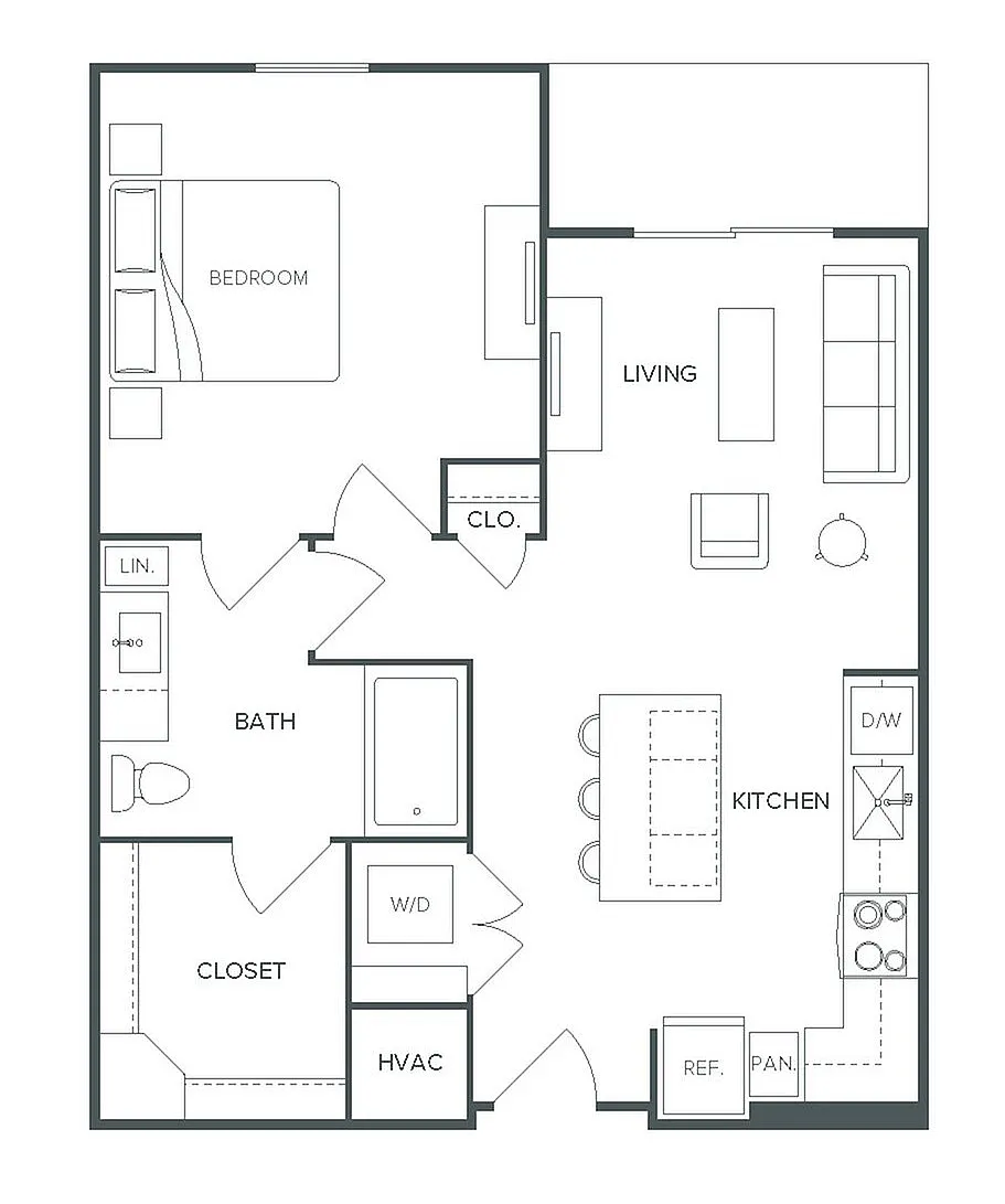 Contemporary A9 floor plan with 1 bedroom, 1 bath, modern kitchen, and inviting living space, featuring 769 sq ft of elegant design at Pearl Bee Cave.