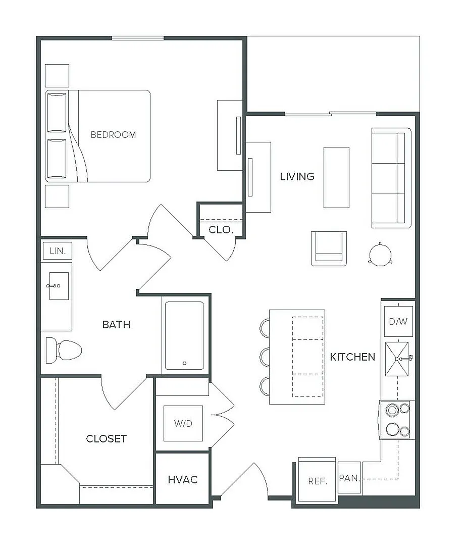 Modern floor plan of Pearl Bee Cave featuring 1 bedroom, 1 bath, and an inviting open-concept kitchen and living area, spanning 743 square feet.