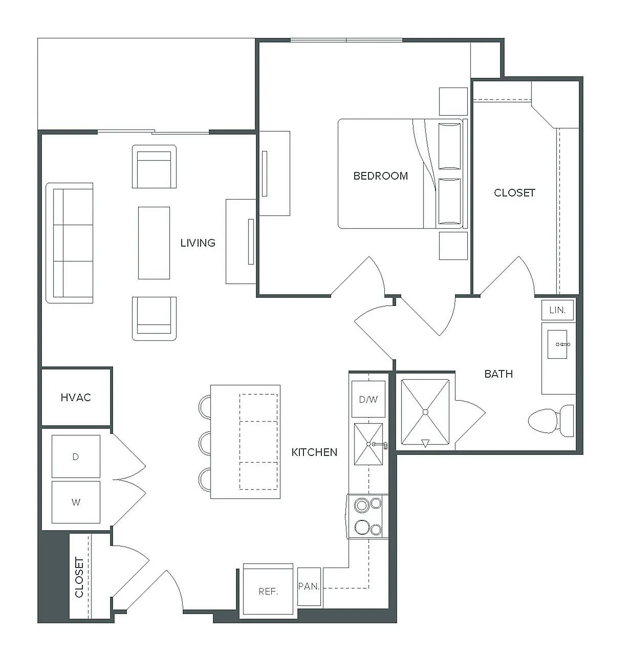Elegant A10 floor plan featuring 1 bedroom, spacious living area, modern kitchen, and 789 sq ft of comfort at Pearl Bee Cave.