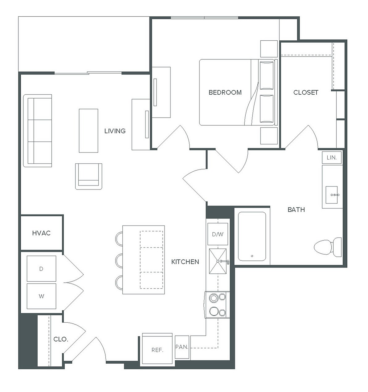 Pearl Bee Cave floor plan featuring 1 bedroom, spacious living room, modern kitchen, and bathroom in a well-designed 789 sq ft layout.