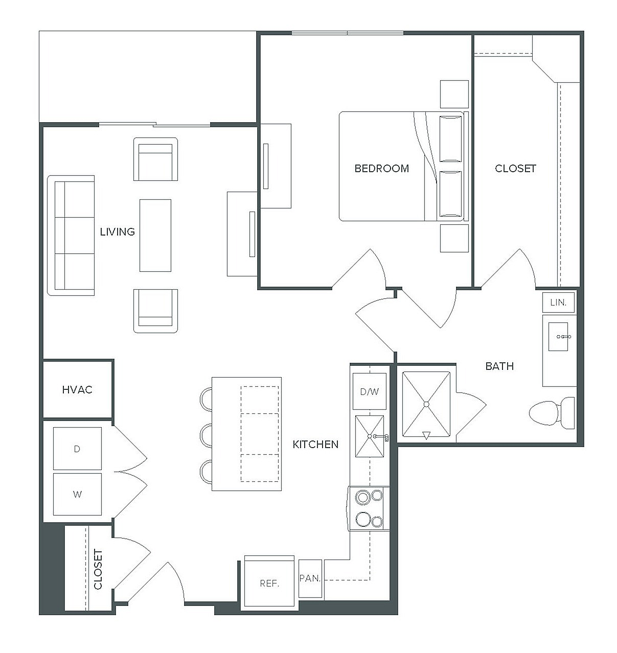 Pearl Bee Cave chic floor plan featuring 1 bedroom, spacious living area, modern kitchen, and a well-designed bath, totaling 798 square feet.