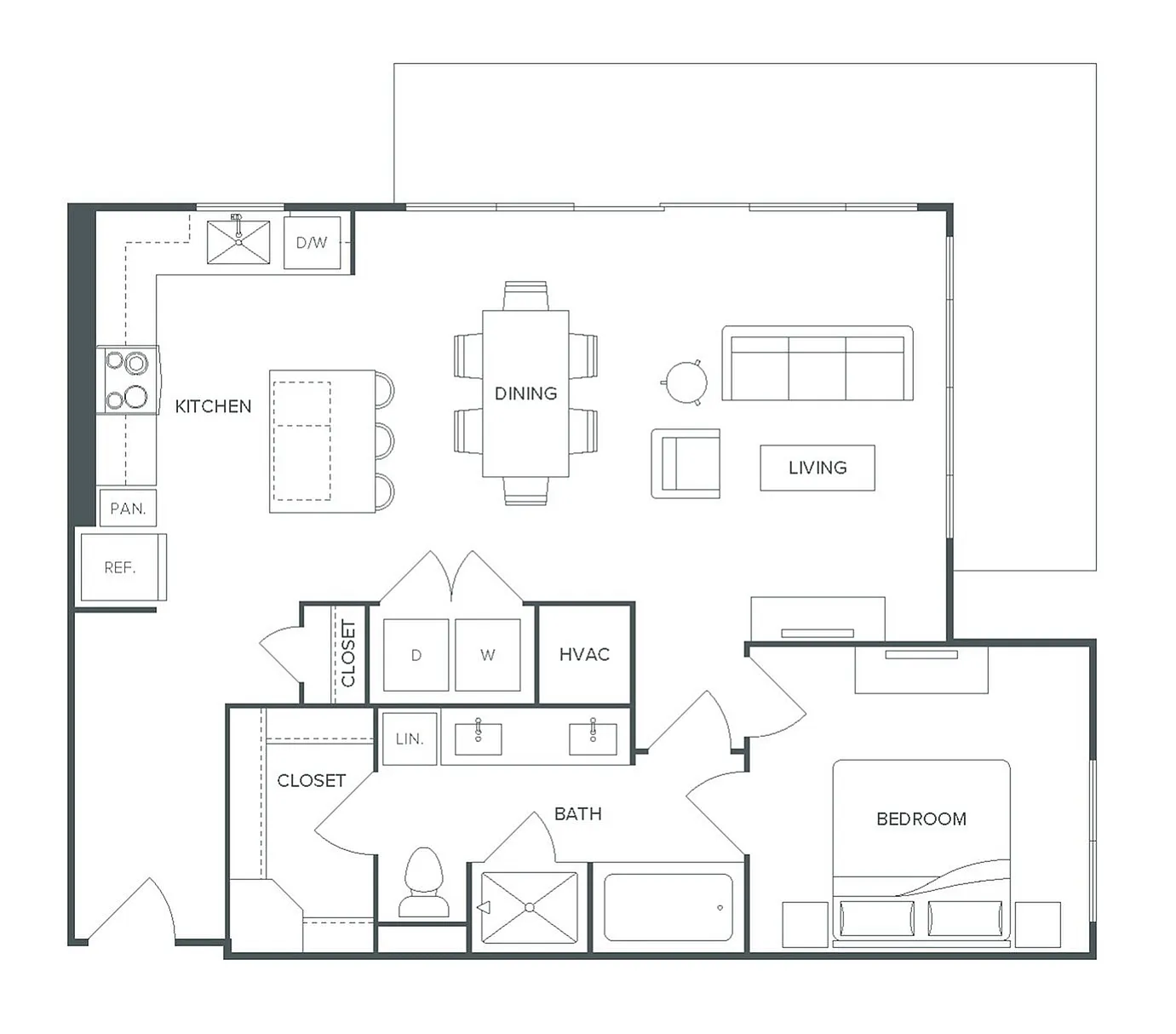 Pearl Bee Cave floor plan A11 featuring 1 bedroom, 1 bath, open-concept kitchen and living area, 909 sq ft.