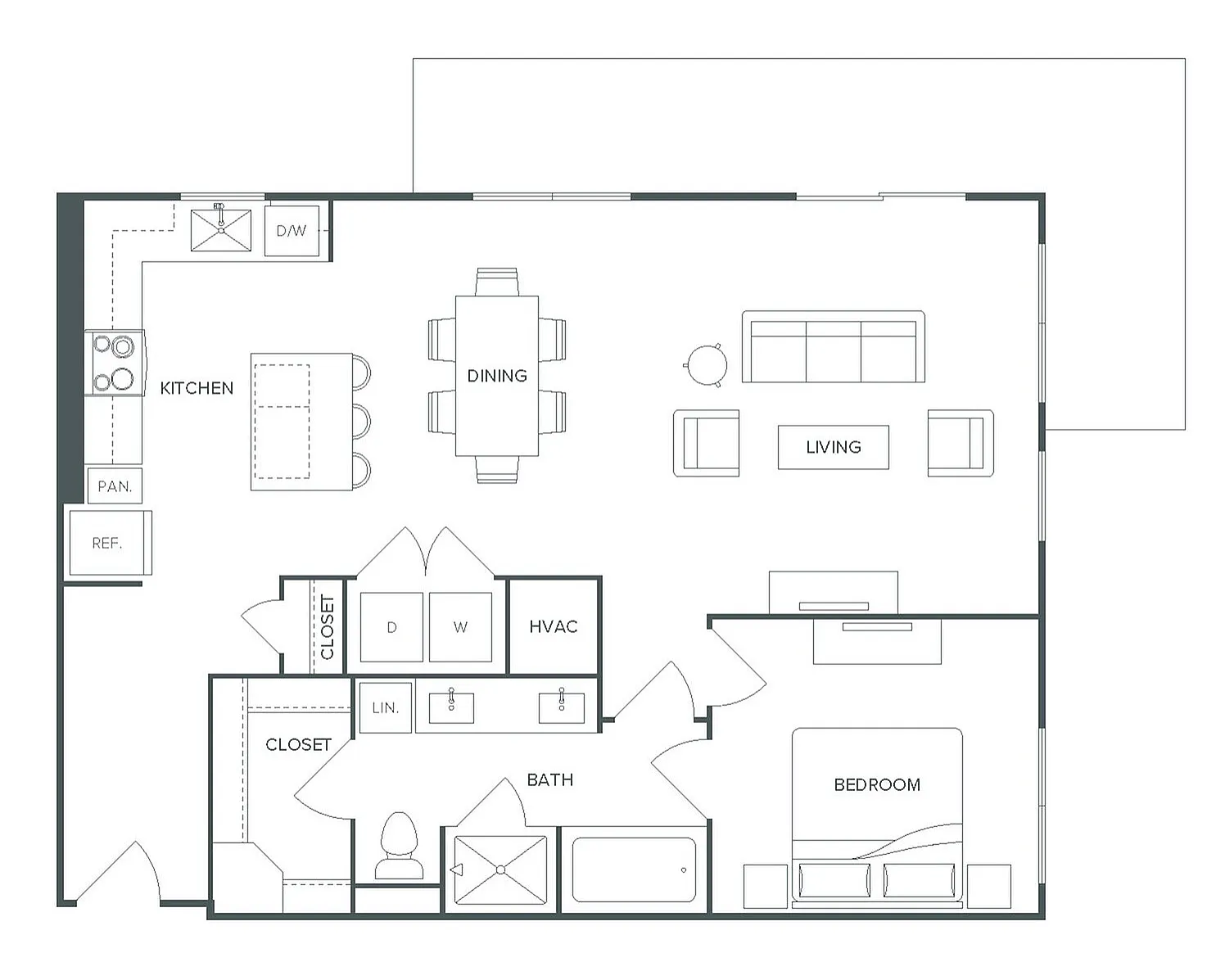 Elegant A11.2 floor plan of Pearl Bee Cave featuring 1 bedroom, 1 bath, and a spacious open living area, totaling 987 SF.
