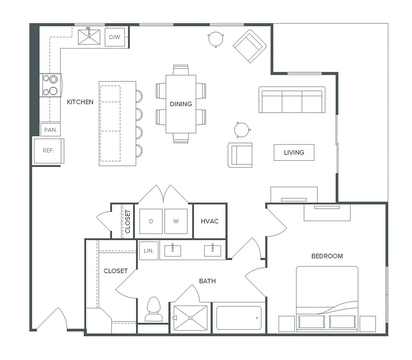 Pearl Bee Cave A13 floor plan showcasing a modern 1 bedroom, 1 bathroom layout with a spacious living area, dining room, and inviting kitchen; total area of 1,043 square feet.