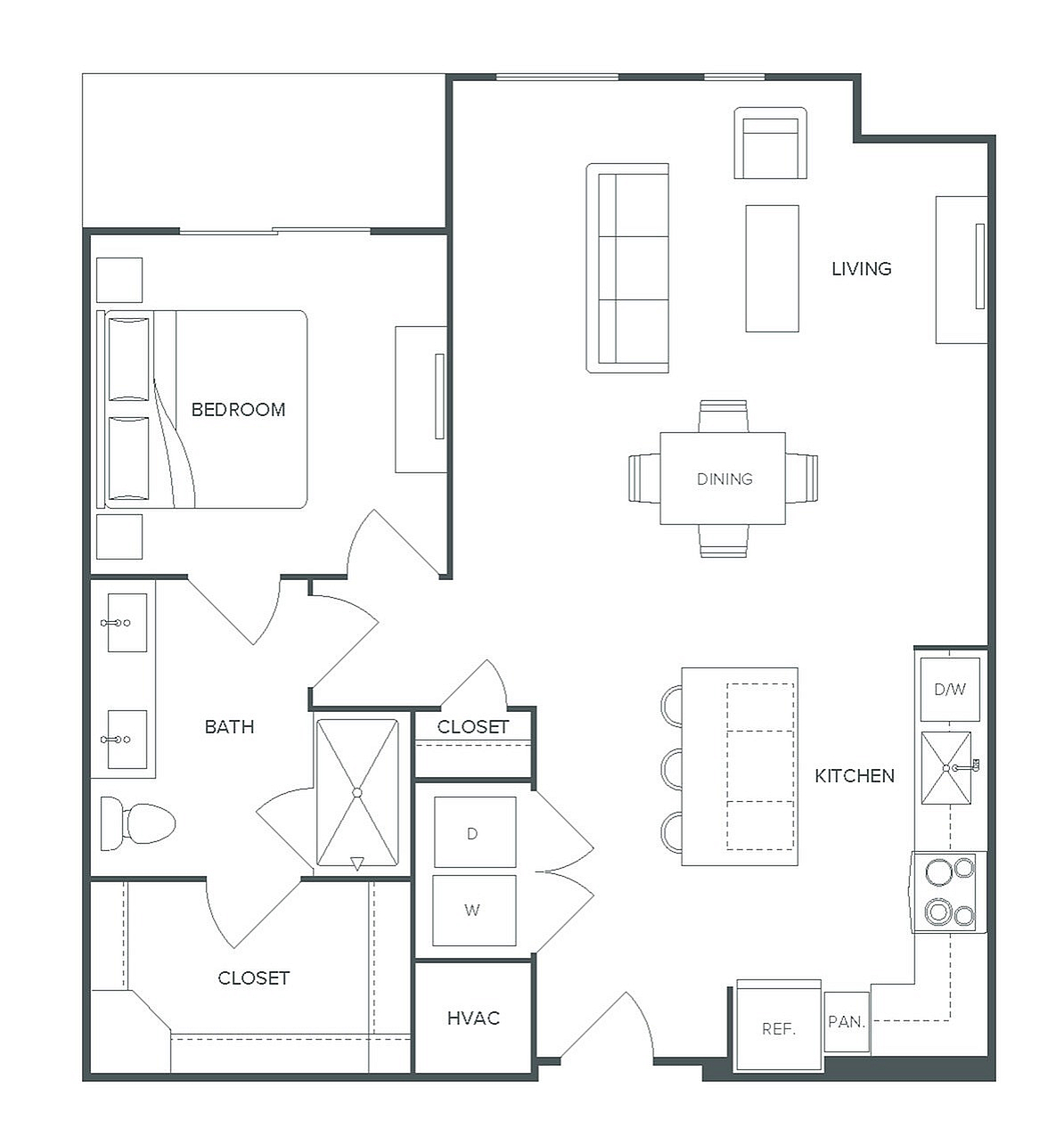 Modern 1-bedroom, 1-bathroom floor plan at Pearl Bee Cave, featuring an open-concept living and dining area, plus a spacious kitchen, spanning 882 sq ft.