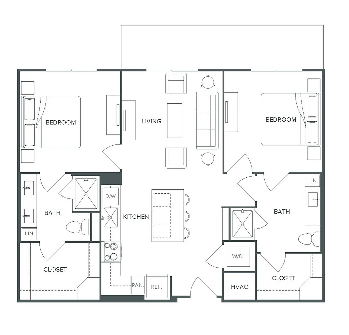 Modern floor plan for B1.WF at Pearl Bee Cave featuring 2 bedrooms, 2 baths, and an open-concept living space, spanning 988 sq ft.