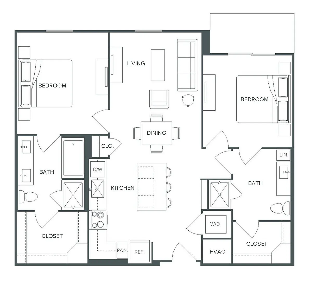 Pearl Bee Cave elegant floor plan showcasing 2 bedrooms, 2 baths, open living and dining area, and a modern kitchen in 1,063 square feet.