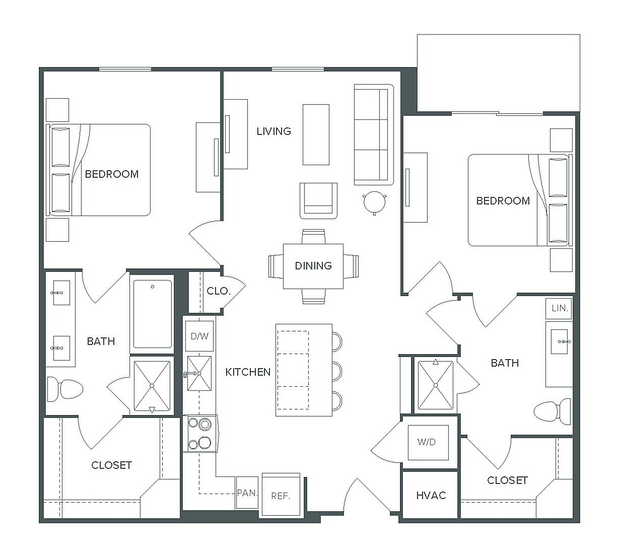 Modern floor plan showcasing a spacious 2 bed, 2 bath layout with an open-concept living, dining, and kitchen area at Pearl Bee Cave.