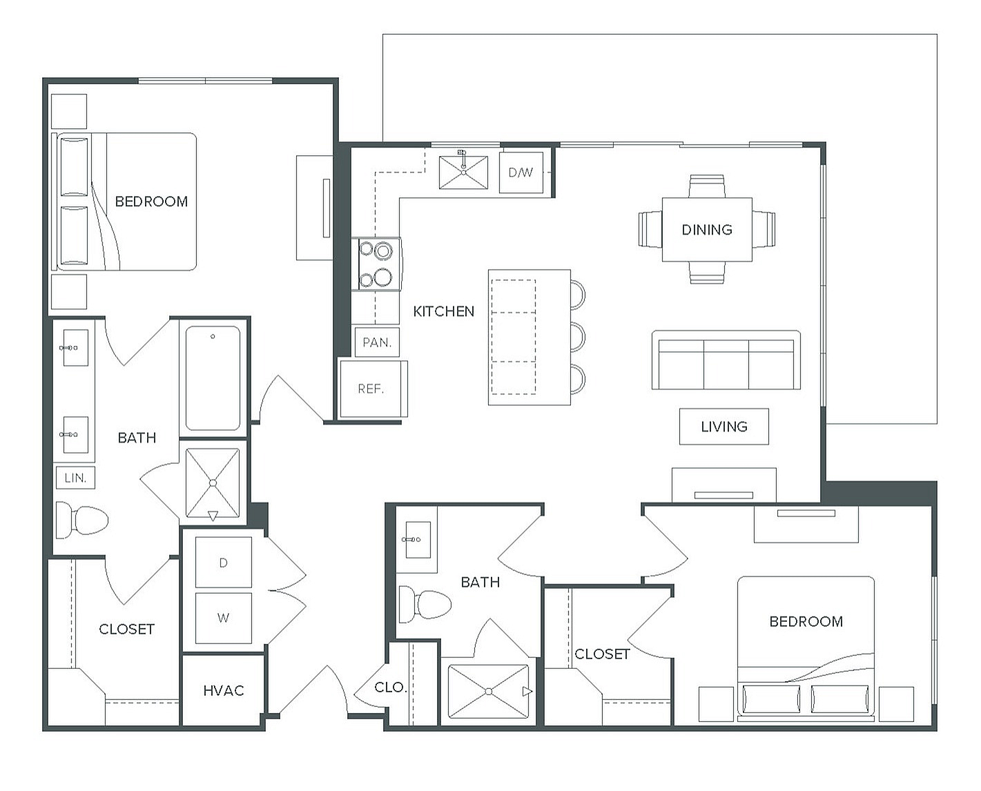 Pearl Bee Cave floor plan for B3 unit showcasing 2 bedrooms, 2 baths, open-concept kitchen, dining, and living area, 1,066 sq ft.