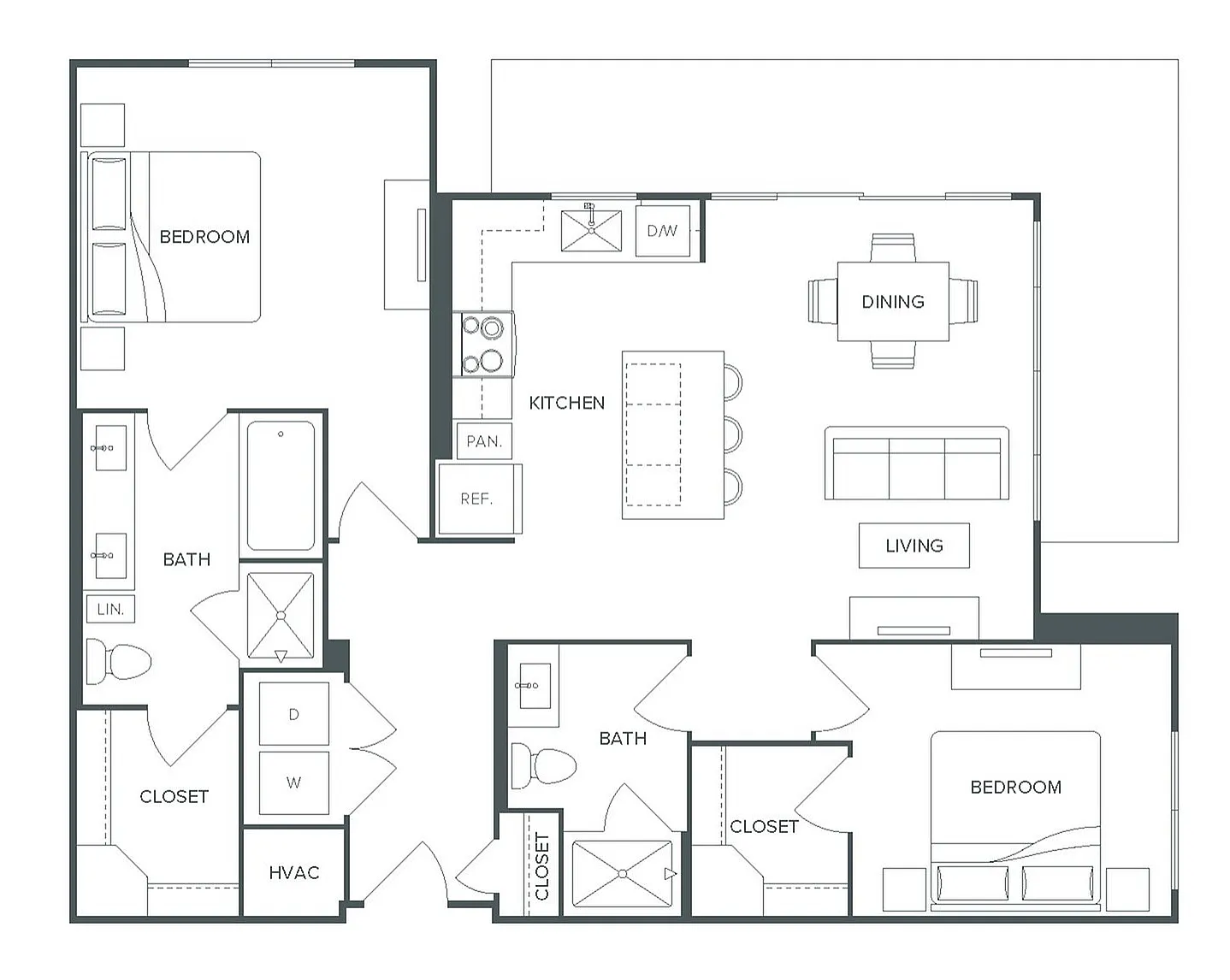 Pearl Bee Cave floor plan, model B3.2, showcasing a modern 2 bedroom, 2 bathroom layout with airy living and dining areas, a sleek kitchen, and 1,093 square feet of stylish living space.