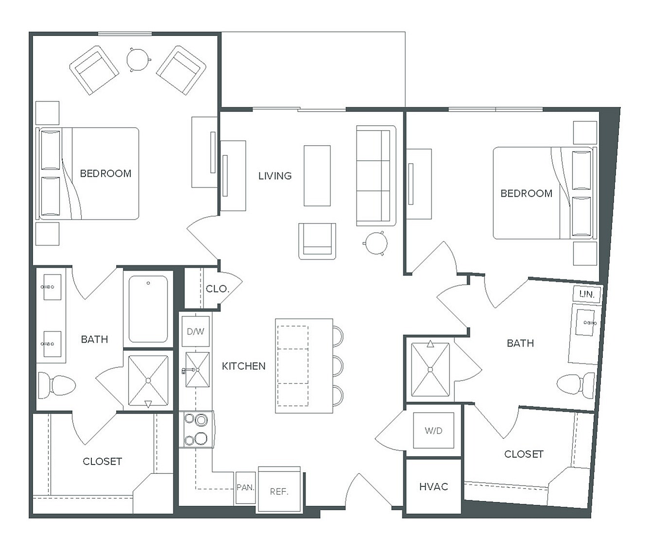Modern Pearl Bee Cave floor plan showcasing a spacious 2 bed, 2 bath apartment with open living area and kitchen, 1,082 sq ft.