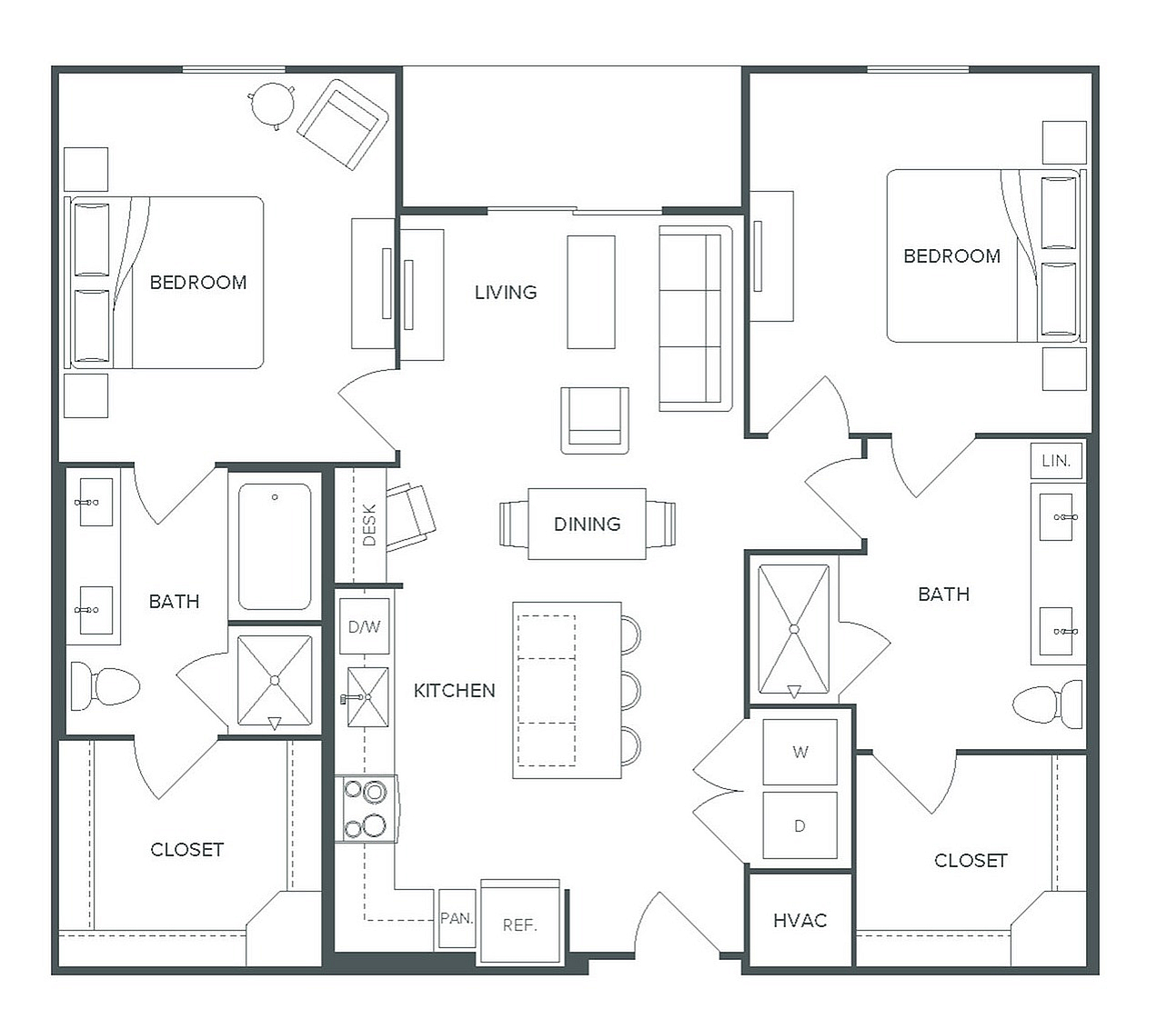 Modern B5 floor plan at Pearl Bee Cave featuring 2 bedrooms, 2 bathrooms, open living and dining area, and a contemporary kitchen. Total area of 1,113 sq ft.