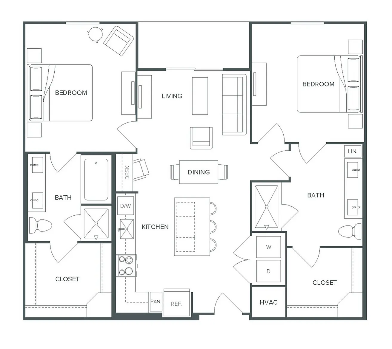 Pearl Bee Cave floor plan showcasing a 2 bed, 2 bath layout with a sleek living area and stylish kitchen, spanning 1,113 square feet.