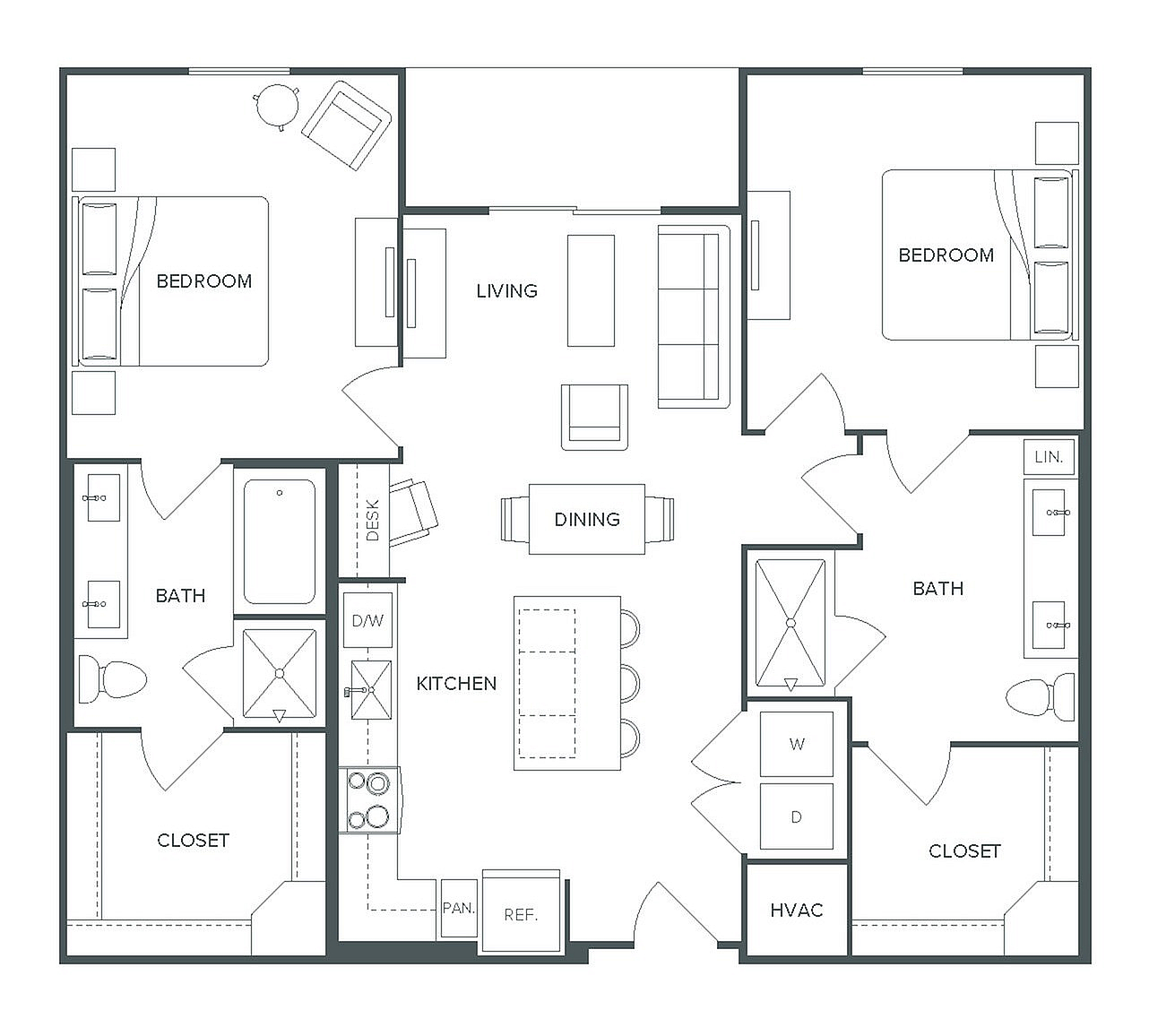 Pearl Bee Cave floor plan B5 featuring a modern design with 2 spacious bedrooms, 2 luxurious bathrooms, open-concept kitchen, and cozy living area. Total 1,113 square feet.