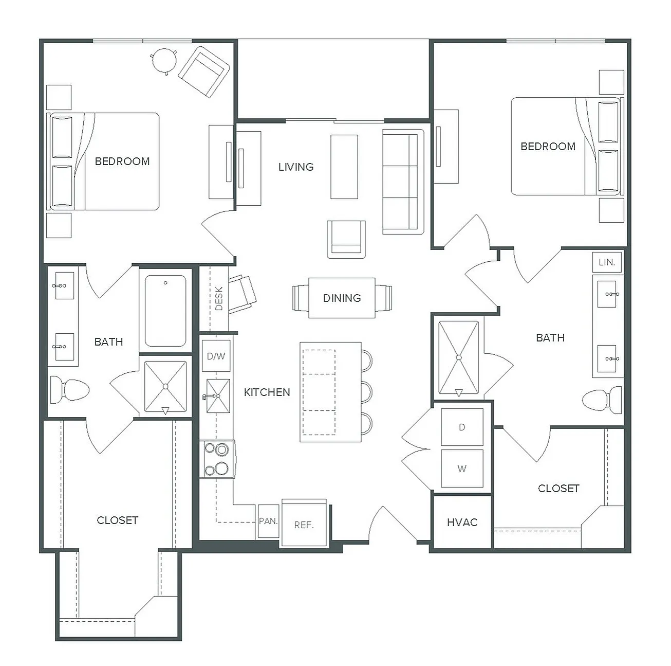 Pearl Bee Cave floor plan showcasing a spacious 2 bed, 2 bath layout with open living and dining areas, a modern kitchen, and convenient closets. Totaling 1,156 sq ft.