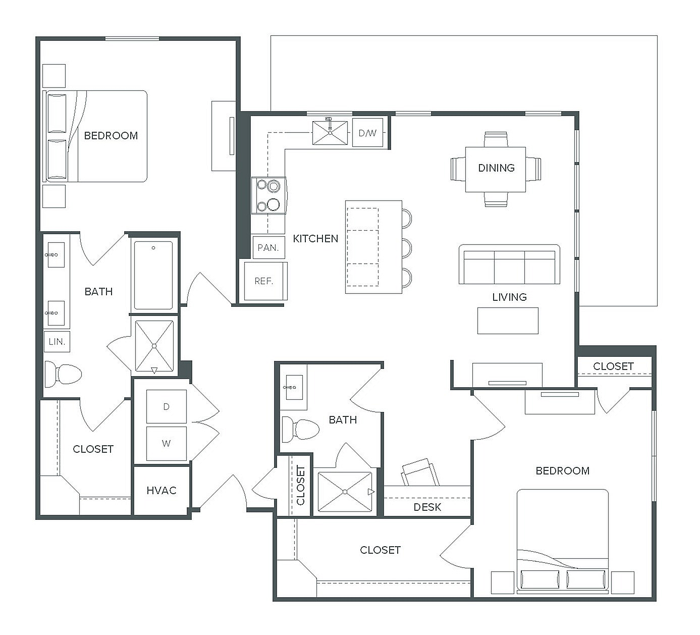Modern Pearl Bee Cave floor plan with 2 bedrooms and 2 baths, featuring an open kitchen, dining, and living area, spanning 1,231 square feet.