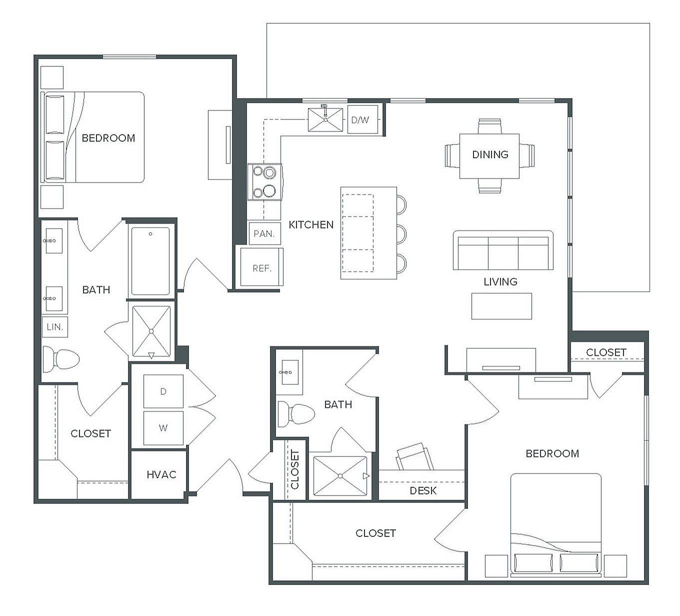 Pearl Bee Cave floor plan showcasing a spacious 2 bedroom, 2 bath layout with an open-concept kitchen, stylish dining area, and cozy living space, spread over 1,204 square feet.