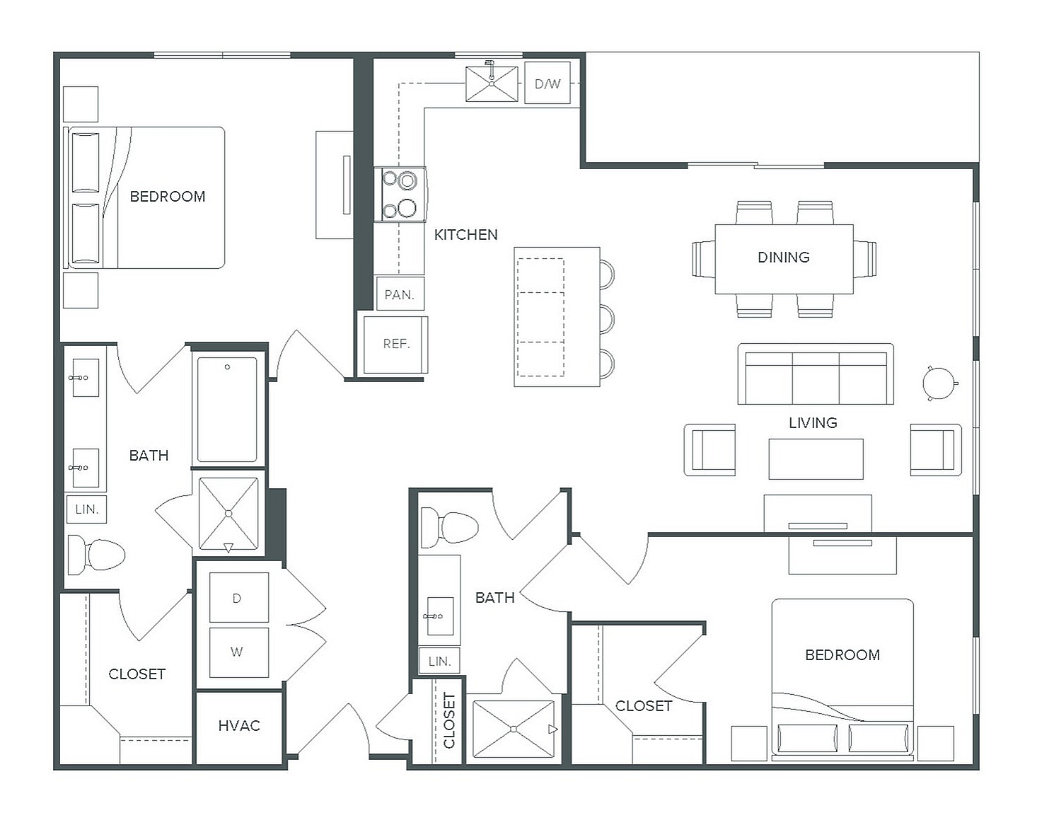 Modern Pearl Bee Cave floor plan featuring 2 spacious bedrooms, 2 elegant baths, open kitchen with dining area, and inviting living space in 1,221 sq ft.