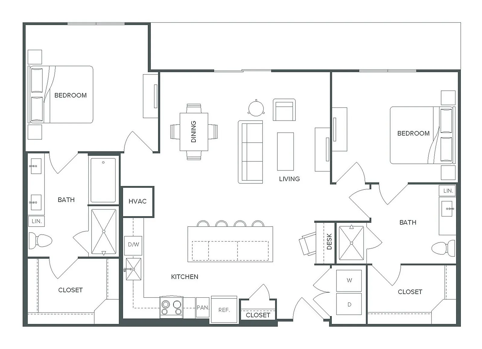 Modern B9 floor plan with 2 spacious bedrooms, open-plan kitchen and living area, stylish dining space, and 1,301 sq ft of elegant living at Pearl Bee Cave.