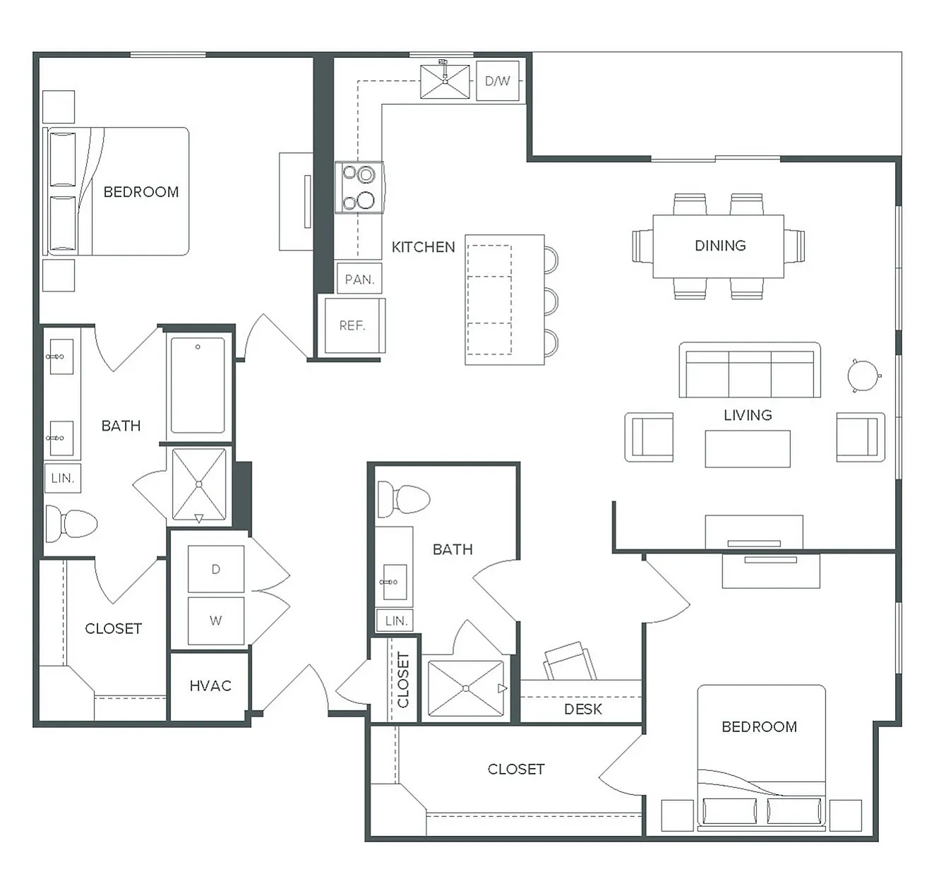 Elegant floor plan for Pearl Bee Cave, showcasing 2 bedrooms, 2 baths, a modern kitchen, dining area, and inviting living room, 1,353 sq ft layout.