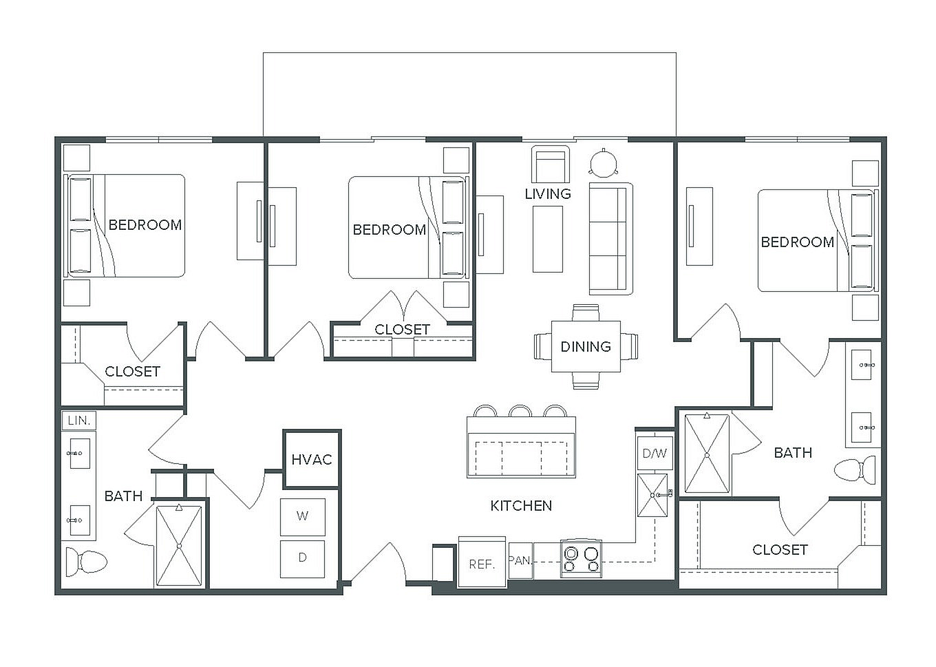 Pearl Bee Cave C1.WF floor plan featuring 3 spacious bedrooms, 2 modern bathrooms, and an open-concept kitchen and living area, totaling 1,318 square feet of elegant living space.