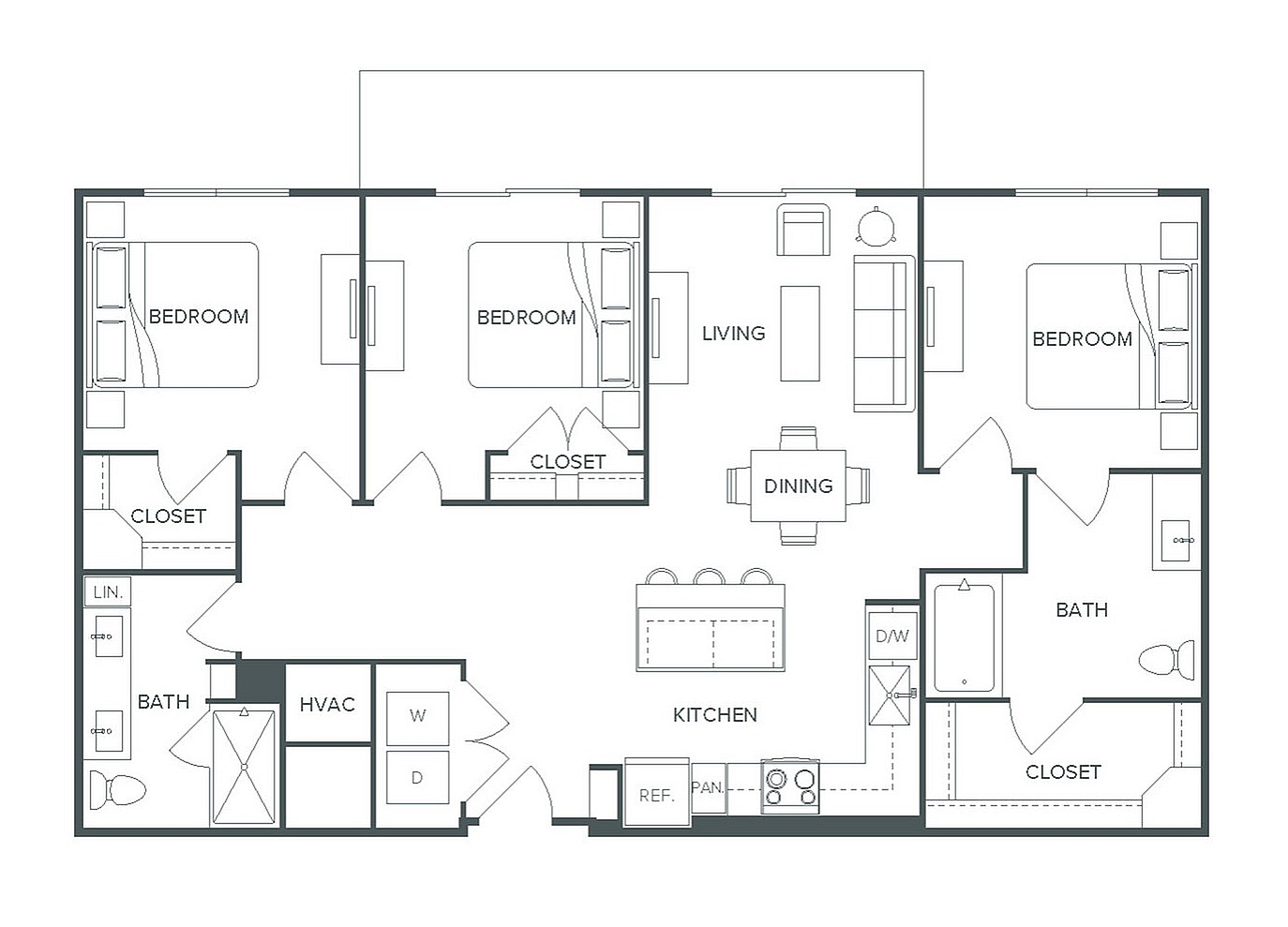 Pearl Bee Cave floor plan showcasing a spacious 3 bed, 2 bath layout with an open living and dining area, and a modern kitchen across 1,318 SF.