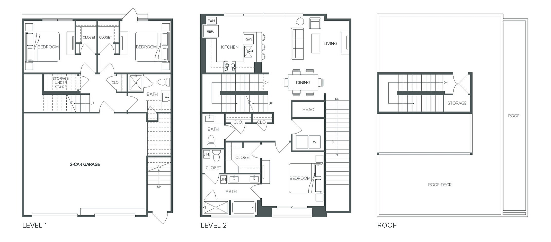 Elegant and spacious 3-bedroom, 3-bath floor plan at Pearl Bee Cave, featuring a two-car garage, open living and dining area, modern kitchen, and rooftop deck, covering 1,715 square feet.