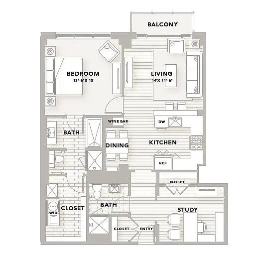 Inviting floor plan A19 showcasing 1 bedroom, 2 baths, a study, and spacious living and kitchen areas with a balcony. Total area of 1,108 sq ft.