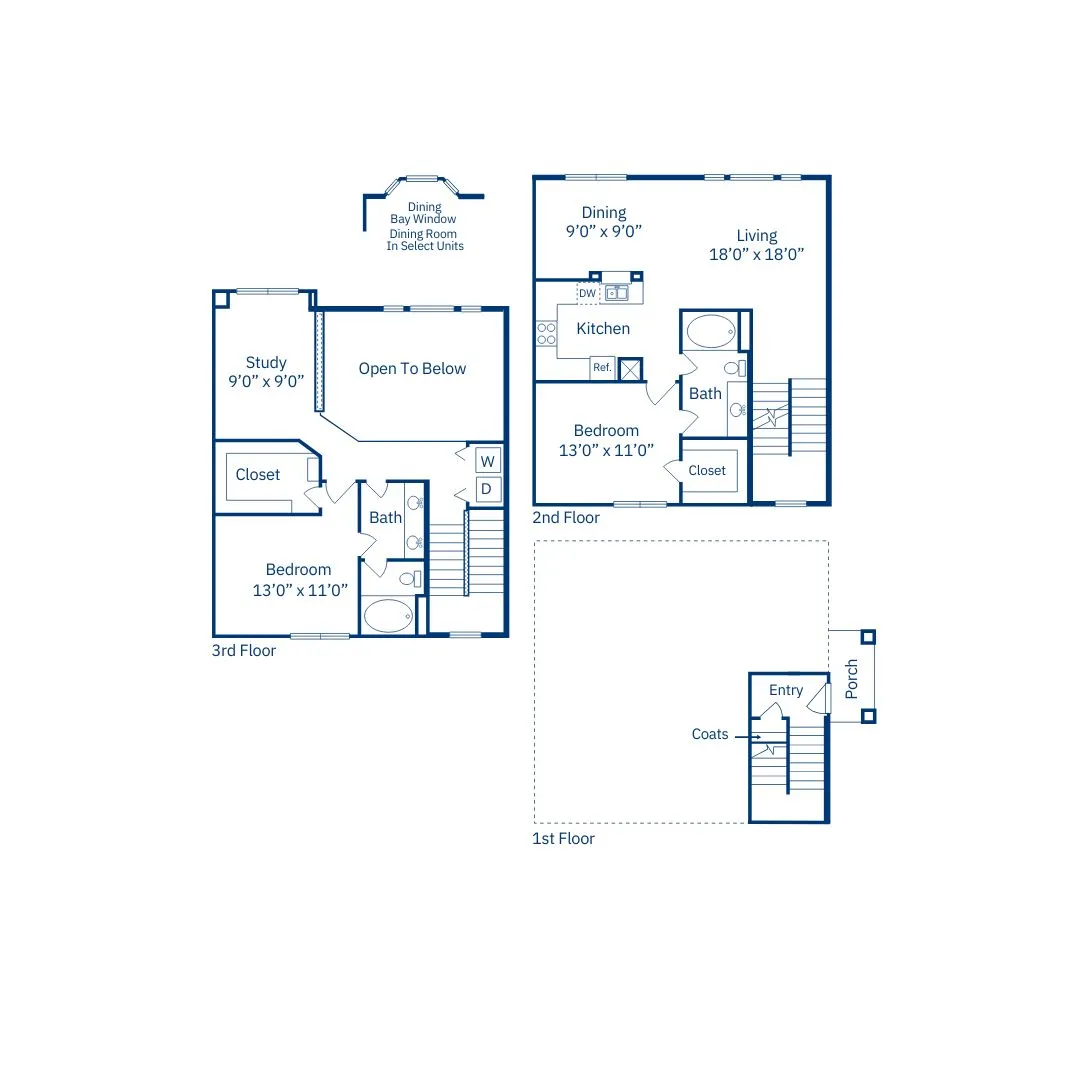 Charming tri-level floor plan showcasing 2 cozy bedrooms, a dedicated study, and an open-concept living area with kitchen and dining space, ideally designed for comfort and functionality.