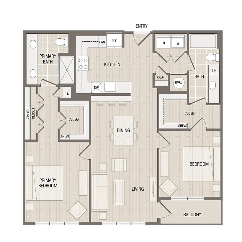Modern floor plan showcasing 2 bedrooms, 2 bathrooms, open kitchen, and spacious living-dining area with balcony.