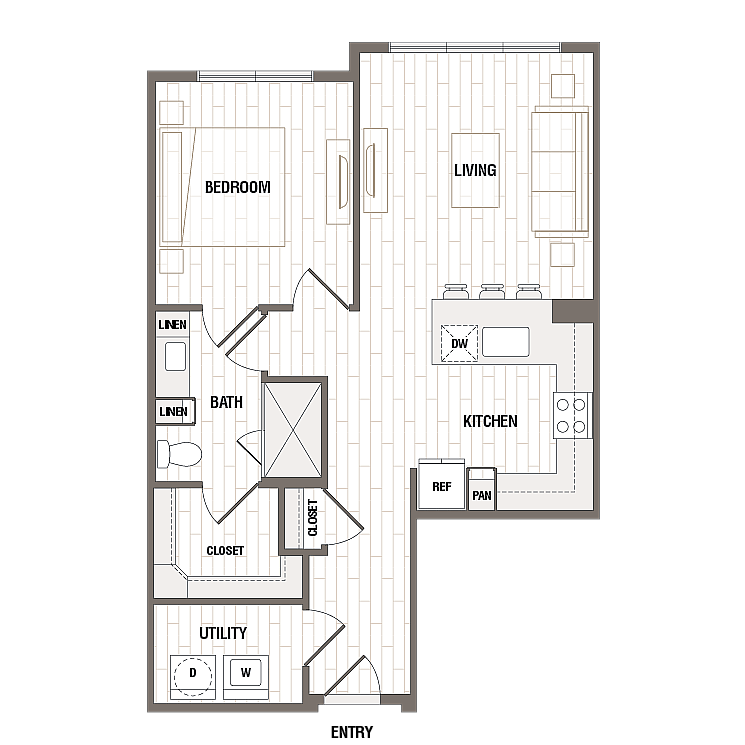 Modern apartment floor plan showcasing 1 bedroom, open living area, and sleek kitchen with utility space.