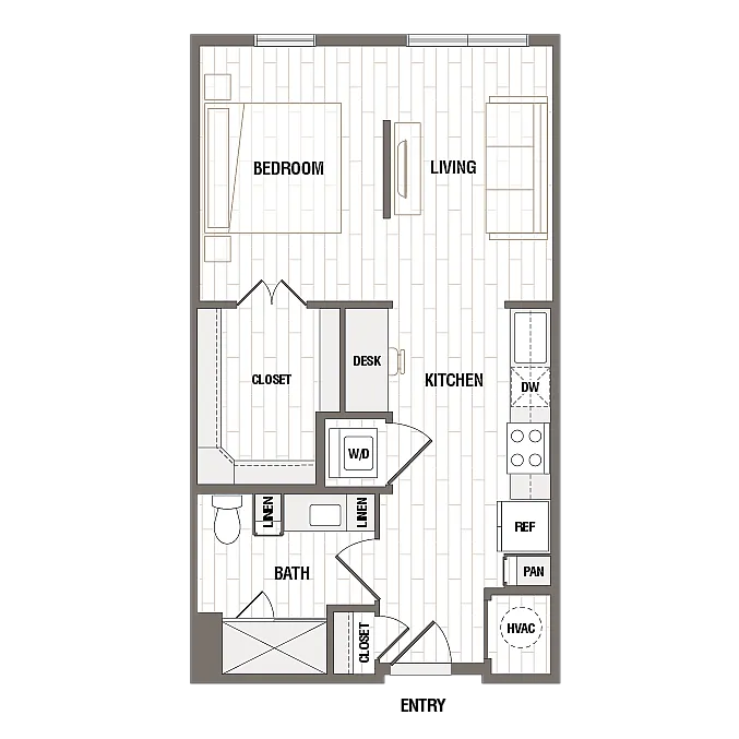 Contemporary floor plan featuring an inviting bedroom, open living area, modern kitchen with appliances, and spacious bathroom. Includes convenient closets, desk space, and laundry area.