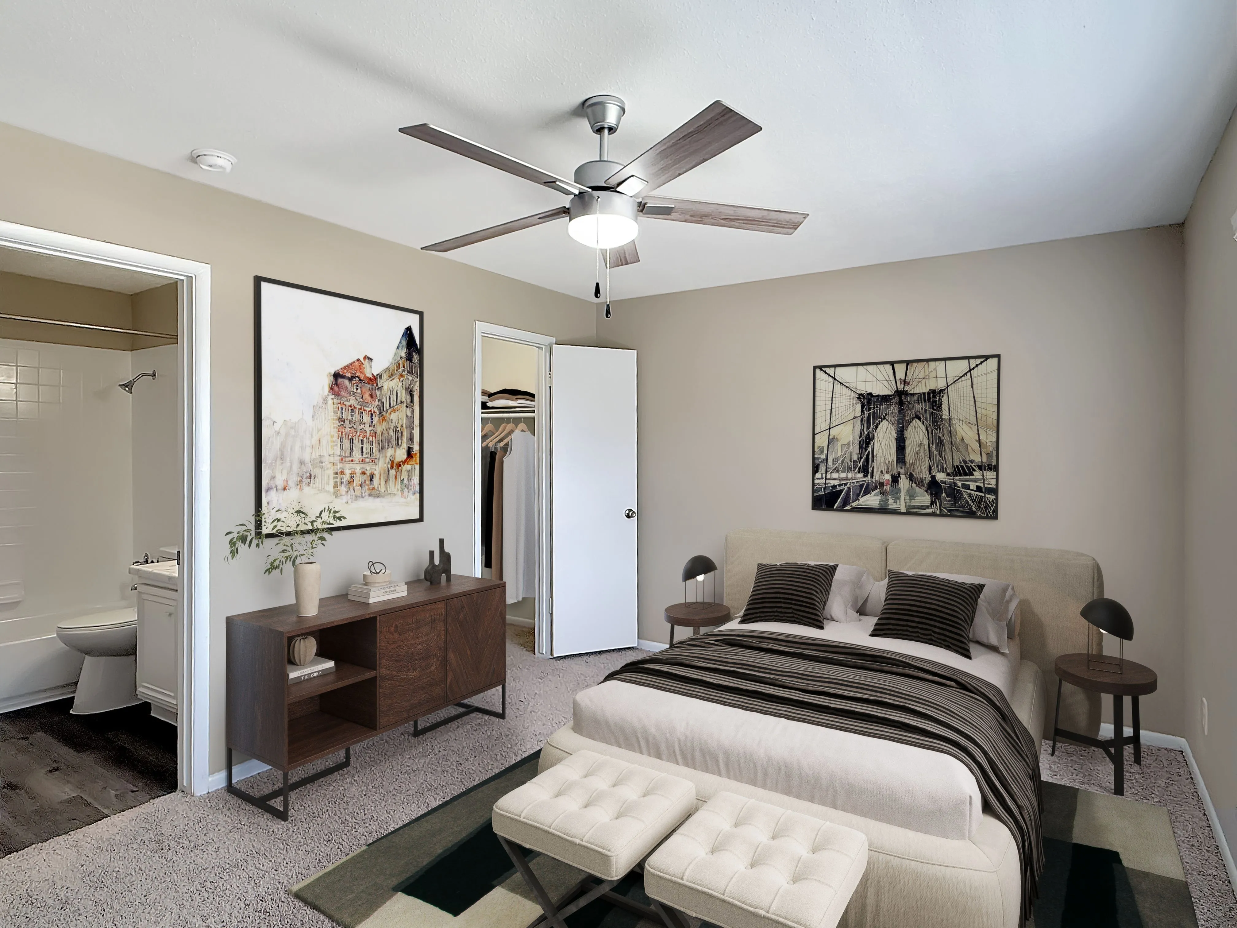 Modern bedroom with elegant decor, cozy bed, and connected bathroom, perfect for comfort and relaxation.