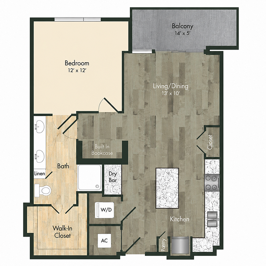 Modern 1-bedroom floor plan featuring a spacious living/dining area, open kitchen with a dry bar, and private balcony.