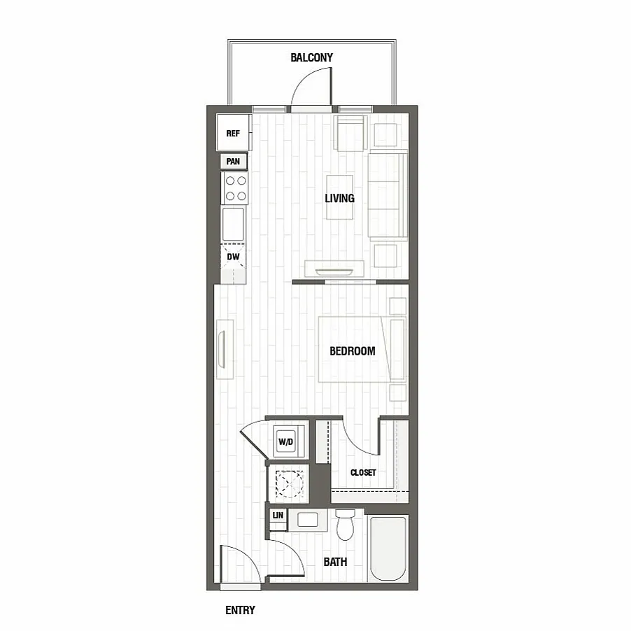 Modern 1-bedroom floor plan featuring an open-concept living area with a balcony, stylish kitchen, and well-appointed bathroom.