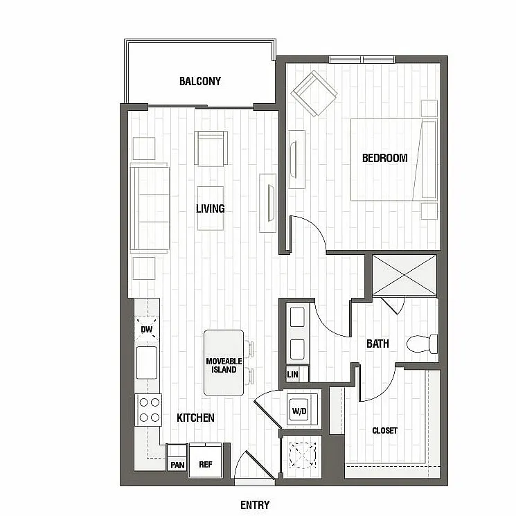 Modern apartment floor plan featuring a spacious bedroom, open-concept living area, kitchen with movable island, and a cozy balcony.
