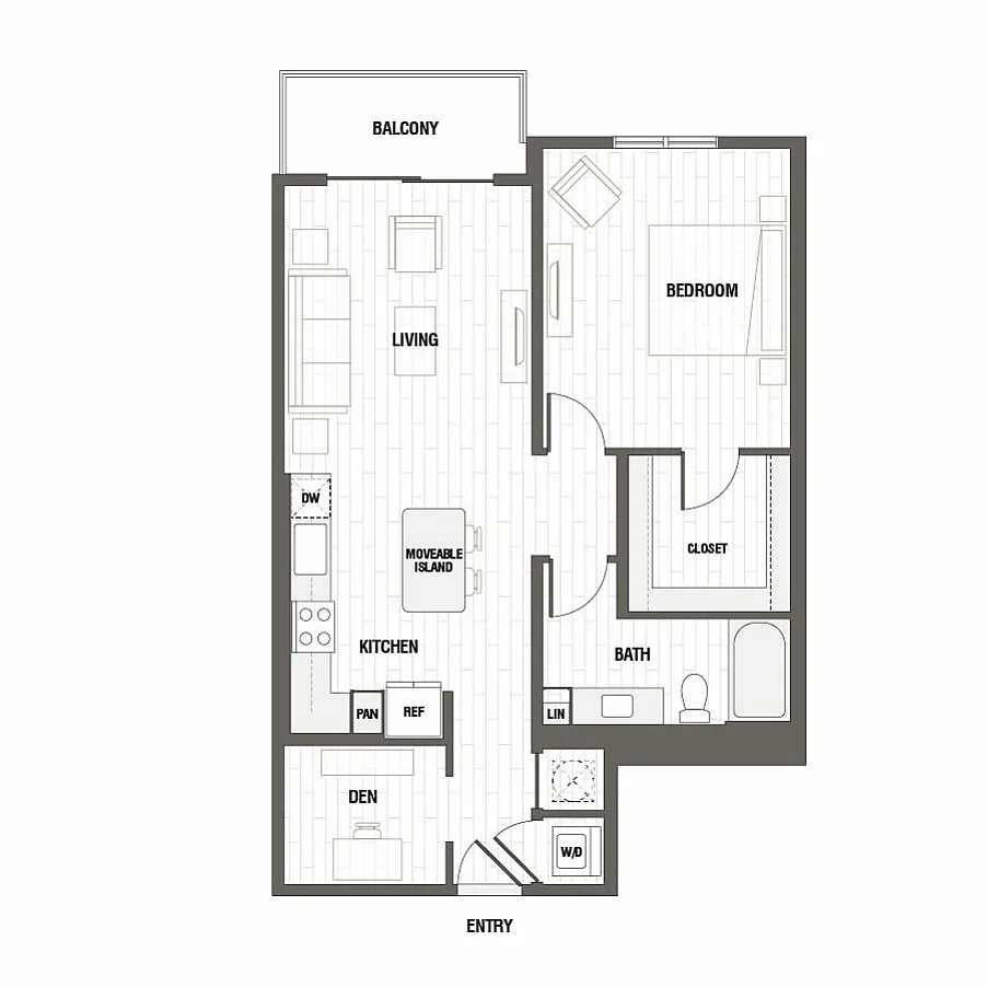 Modern one-bedroom apartment floor plan featuring an open living area, kitchen with movable island, cozy den, and private balcony.