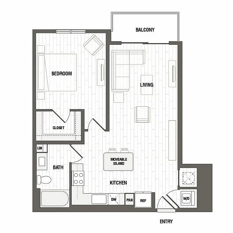 Modern apartment floor plan with one bedroom, open living area, balcony access, and movable kitchen island for versatile space.