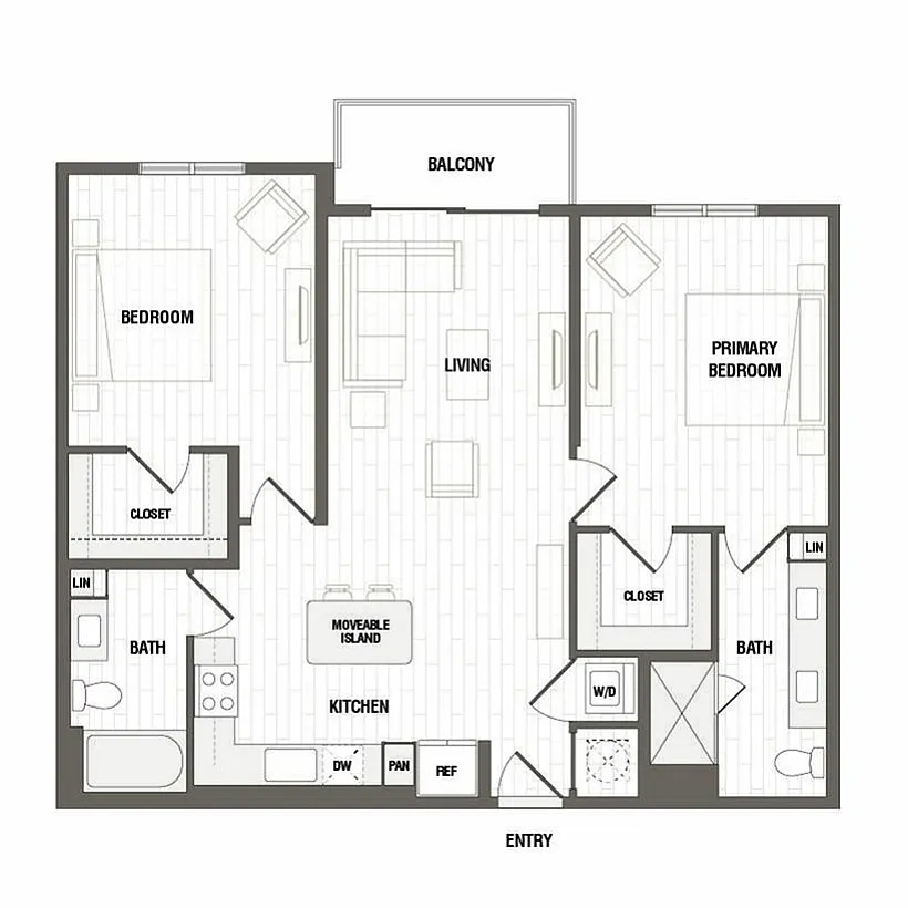 Modern floor plan featuring 2 bedrooms, 2 bathrooms, an open living area, and a kitchen with a movable island, plus a private balcony.
