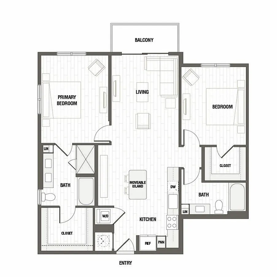 Elegant 2-bedroom apartment floor plan with open living area, modern kitchen with island, and private balcony.