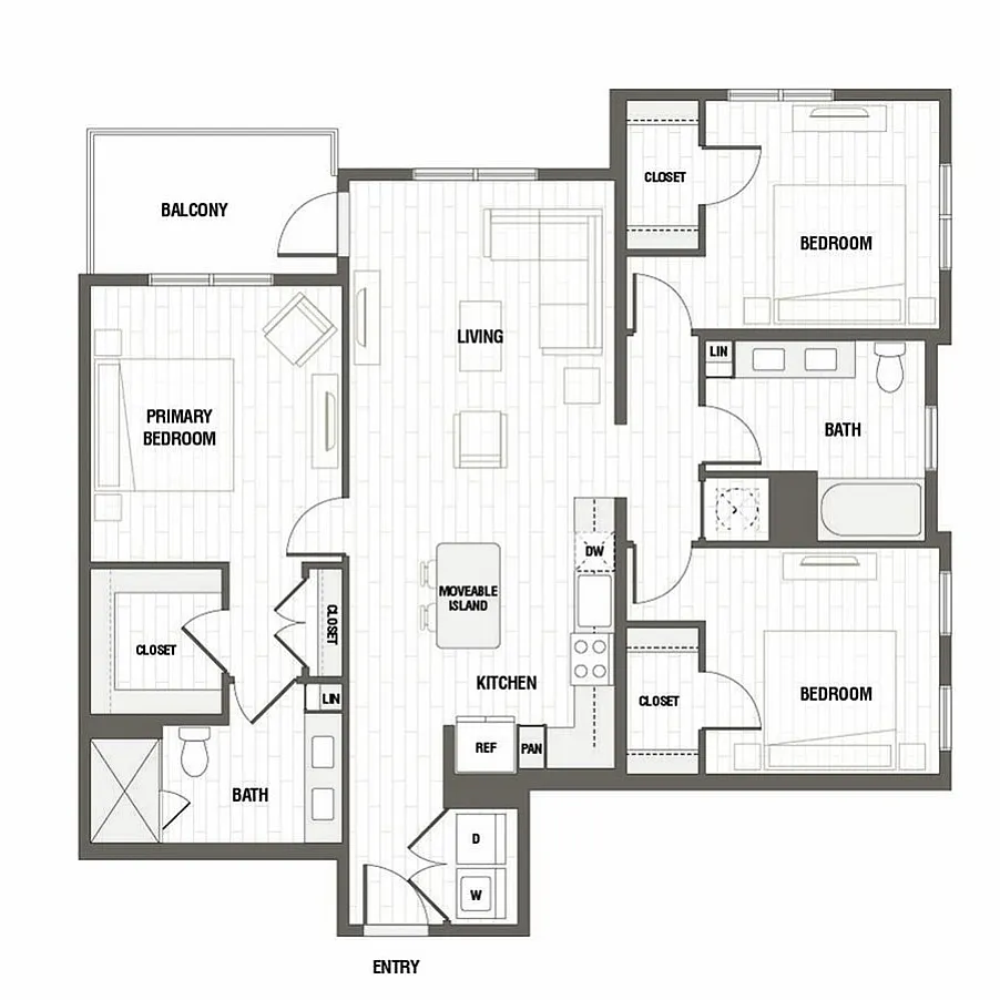 Sophisticated floor plan showcasing 3 bedrooms, 2 baths, open living room with balcony, and modern kitchen with moveable island.