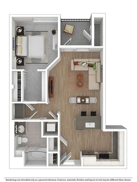 Modern 3D floor plan showcasing a spacious one-bedroom apartment with an open-concept kitchen and living area, stylish bathroom, and a cozy balcony.