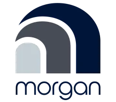 Stylish Morgan logo featuring layered arches in shades of blue and gray.