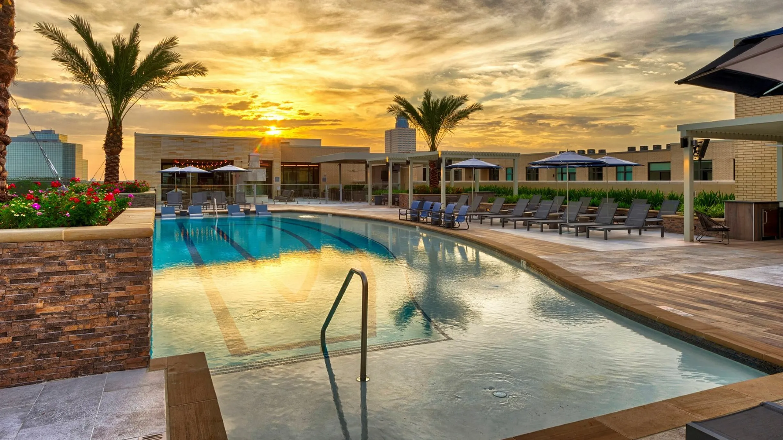 Sunset view of a luxurious rooftop pool with palm trees and modern sun loungers.