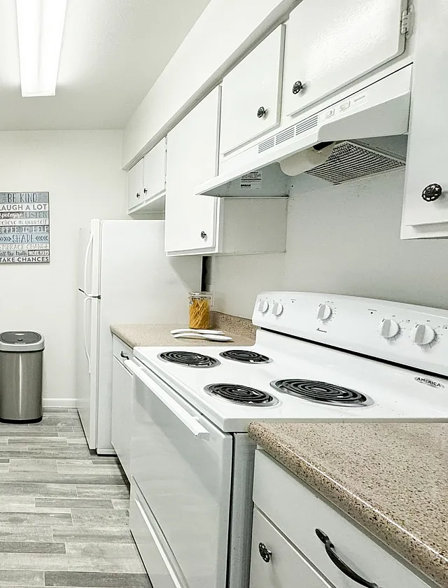 Sleek kitchen with white cabinetry, modern appliances, and granite countertops.