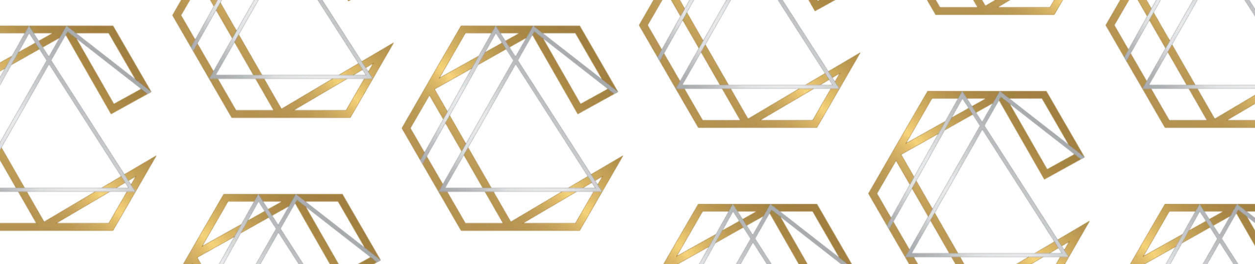 Modern geometric pattern showcasing interconnected triangular shapes in gold and silver, creating a dynamic and sophisticated visual appeal.